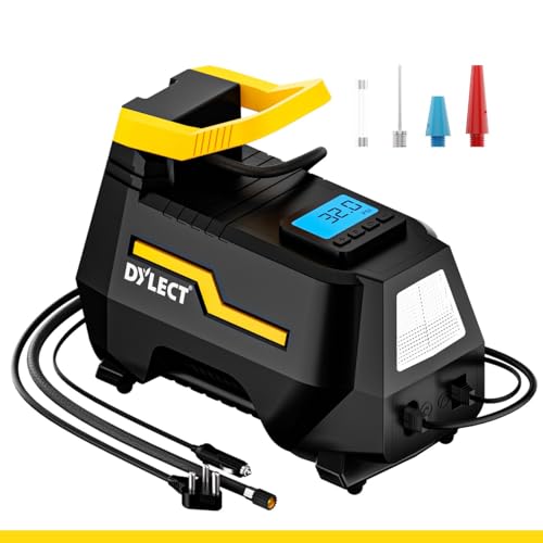 Image of DYLECT Turbo Port 300 Dual (2 in 1) Digital Tyre Inflator with 12V DC /230V AC for Home and Car, Bike, Bicycles with 120Watts Power, Up to 150 PSI, LED Light, Auto Cut-Off, Lightweight and Portable