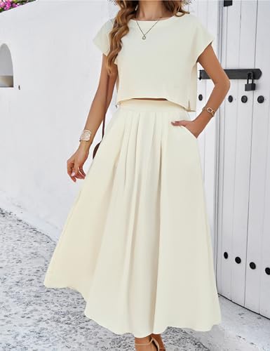 Image of HangNiFang Summer Skirt Sets Women 2 Piece Outfits Cap Sleeve Top Elastic Waist Maxi Dress Sets with Pockets