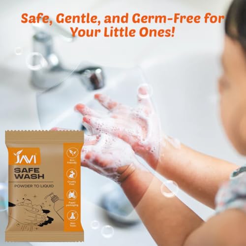 Image of JAVI Safe Wash | Powder to Liquid Handwash | Non-Toxic, Child Safe, Eco-Friendly, Plant-Based | Germ-Free Clean, Plastic-Free, Natural Scent Handwash | 2 Sachet = 1 Ltr
