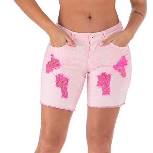 Women's Ripped Denim Destroyed Mid Rise Stretchy Bermuda Shorts Jeans for Fuchsia (13, Fuchsia-1)