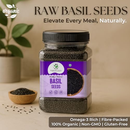 Image of Earthy Eats Raw Basil Seeds 1kg | Sabja Seeds | Reduce Body Heat | Tukmaria Seeds for Weight Management, Smoothies, Falooda | High in Fibre & Omega 3 | Natural and Unprocessed (Pack Of 1)