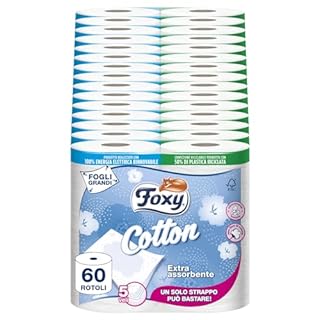Foxy Cotton | Carta Igienica 5 Veli | 60 Rotoli, 115 Strappi per Rotolo, Fogli Extra Large, con Vere Fibre di Cotone | Certificazione FSC, 100% Energia Elettrica Rinnovabile, Confezione Riciclabile
