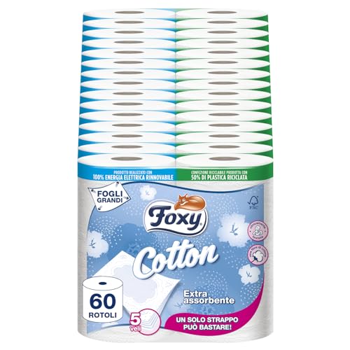 Foxy Cotton | Papier toilette 5 voiles | 60 rouleaux, 115 déchirures par rouleau, feuilles extra larges, avec de vraies fibres de coton | Certification FSC, 100% énergie électrique renouvelable,