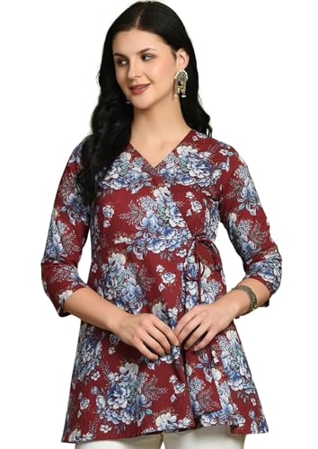 Image of feranoid Floral Print Angrakha 3 Sleeves Flared Kurti