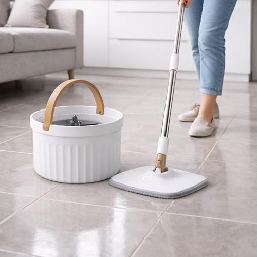 Image of Kleeno by Cello Magic Mop with Square Bucket | White & Beige | 360 Degree Movement | Highly Water Absorbent | Microfiber Pads for Wet & Dry Cleaning | Free Refill | Ideal for Home, Kitchen & Office