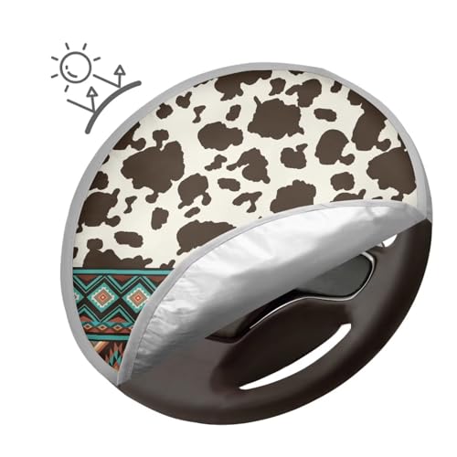 Image of Aztec Cow Print Steering Wheel Cover Sunshade Auto Interior Protector Easy Installation Steering Wheel Cover Sun Shade for UV Protection Universal Vehicle Accessories