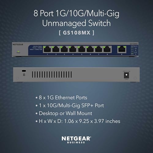 Image of NETGEAR (GS108MX) Switch 10GB Ethernet, 10G Multi-Gigabit Ports, 1 Multi Gig SFP+ Ports, Prosafe Protection, Perfect Lifetime Support, Desktop or Rackable Position