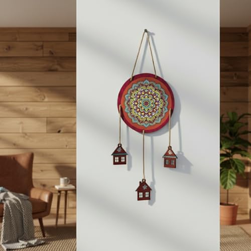 Image of DECORIQUE Mandala Wall Hanging with Wooden House Charms Multicolour Decorative Wall Art for Living Room Bedroom Door Home Decor Gift Hanging Accent