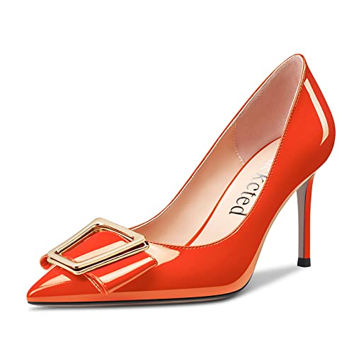 Saekcted Femmes Haut High Talon Heel Escarpins Aiguille 8 CM Heels Slip-on 8 CM Heels Mariage Party Dress Chaussures Pointu Bout Orange Vernis 43 EU Cover