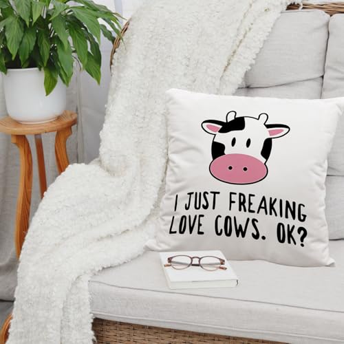 I Just Freaking Love Cows Ok Throw Pillow Cover, Funny Cows Cushion Cover for Sofa Bed Home Decor 18 x 18 Inch, Gifts Cow Lover, Girls, Daughter, Granddaughter (White)