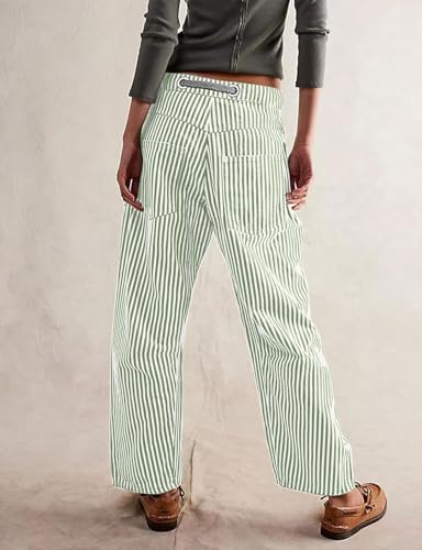 CHARTOU Women's Striped Barrel Jeans Baggy Mid Waist Drawstring Jeans Denim Patchwork Cropped Wide Leg Pants3