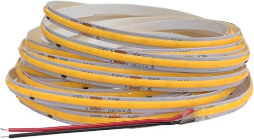 TOPXCDZ 220V COB LED Strip Light Flexibele Tape Lights Smart IC Geen driver nodig Zeer heldere 296 LEDs Lineaire verlichting RA90 Warm Wit, Natuurlijk Wit, Koel Wit (Warm Wit, 10M)