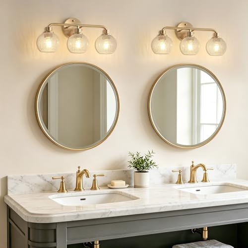 Image of Bathroom Light Fixtures Gold Vanity Light 3 Light Brushed Brass | Wall Sconces Lighting with Crackle Globe Glass Shades Bath Wall Lamp for Mirror Kitchen Living Room Bedroom Hallway