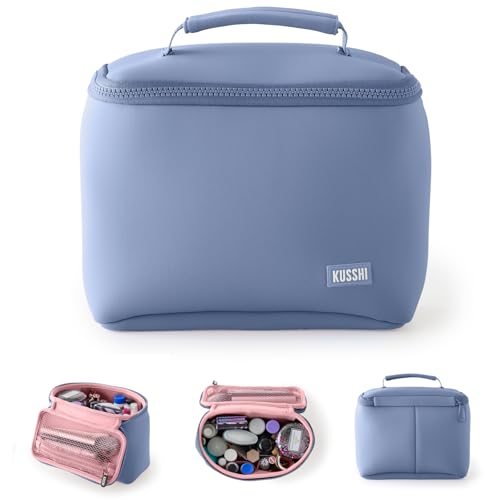 KUSSHI Neoprene Train Case Makeup Bag - Washable Makeup Travel Bag & Vanity Case for Stress Free Travel (Small, Pearl Blue/Sand Pink)