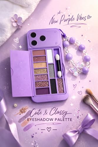 Image of 2 in 1 Faux Phone Case Makeup Palette with Mirror & Applicator | Pastel Portable Eyeshadow Kit | Compact Travel Makeup Box with Beaded Strap (Purple)