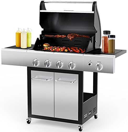 RINKMO Liquid Propane Grill with Side Burner and Hose, 52000 BTU, 4 barbecue, 670 Sq Inch Cooking Area, Cart Style Stainless Steel Tabletop Gas BBQ Stove for Garden, Outdoor, Camping