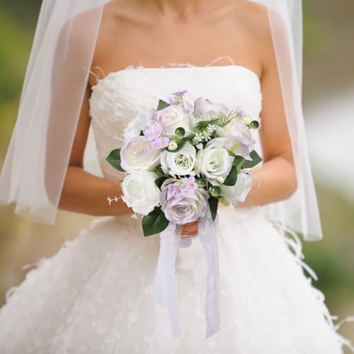 Vlovelife Wedding Bouquet for Bride,Artificial Rose Bridal Bouque...