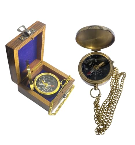 Brújula náutica vintage de latón con cadena y caja de madera miniatura 1