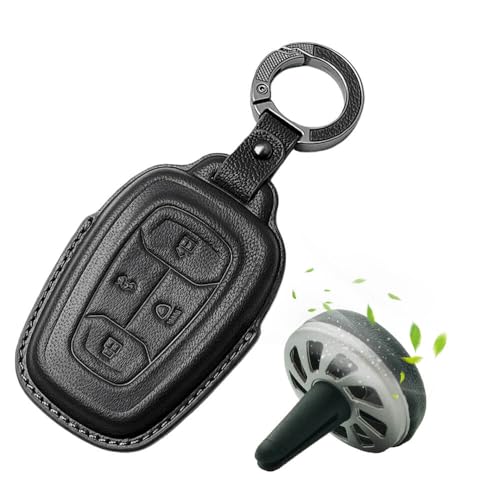 Image of Keyzone Premium Leather Key Cover & AC Vent Car Perfume Combo (4 Fragrances) | Compatible for Tata Nexon, Harrier, Safari, Altroz, Punch, Tigor 4 Button Smart Key. (Black)