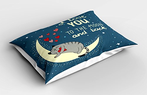 Ambesonne I Love You Pillow Sham, Sleepy Cat Holding Hearts Over The Moon At Night Sky, Decorative Standard Queen Size Printed Pillowcase, 30" X 20", Yellow #TOP1