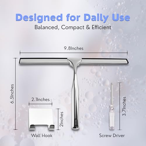 Image of All-Purpose Shower Squeegee for Shower Doors, Bathroom, Windows, Mirrors, Tiles, and Car Glass - 11 Inches Stainless Steel with Hook (Silver)