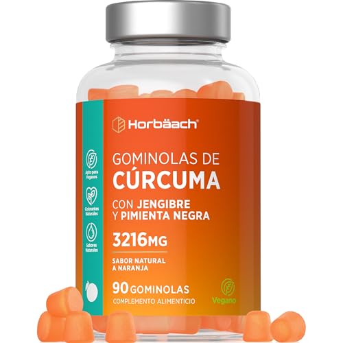 Cúrcuma con Jengibre y Pimienta Negra Gominolas | 90 Gummies Veganas - Sabor Naranja | Turmeric Curcumin Suplemento | Alternativa a las cápsulas | by Horbaach