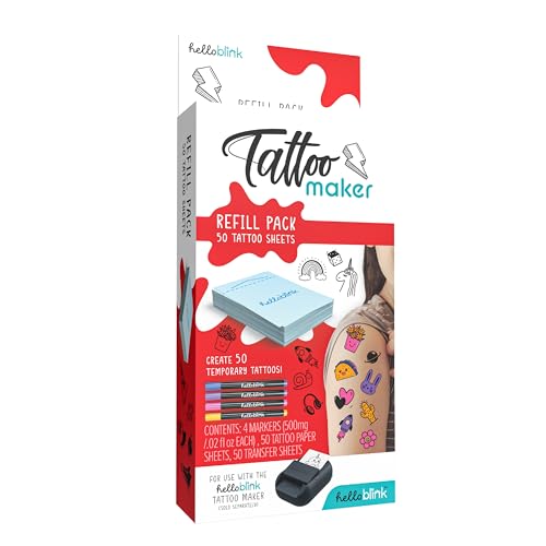 Hello Blink Tattoo Maker Refill Pack Makes 50 Tattoos - 4 New Markers Cosmetic Grade FDA-Compliant DIY Kit for Kids Ages 8+