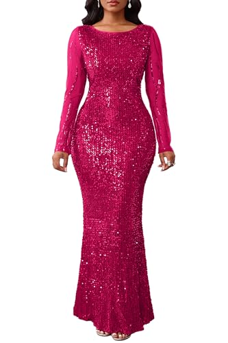Image of VERWIN Women's Sequins Bodycon Round Neck Long Sleeve Sparkly Mermaid Maxi Dress for Casual Party Cocktail