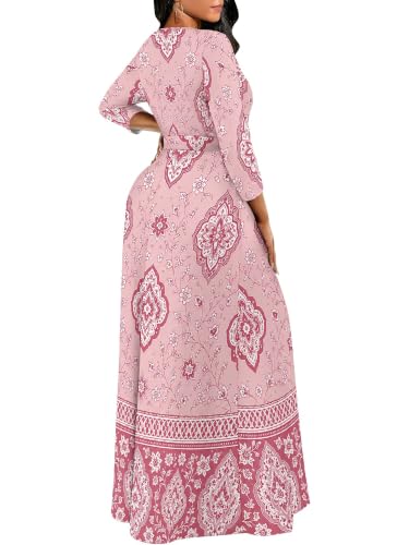 Image of Women Plus Size Long Sleeve V Neck Maxi Dress with Belt | Soft fabric relaxed fit three quarter sleeve v neck with pockets for party and daily wear