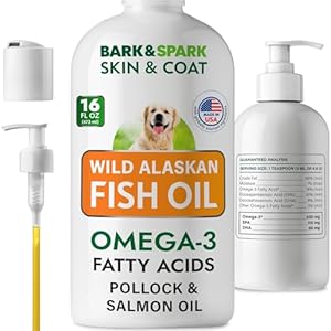 BARK&SPARK Omega 3 Fish Oil for Dogs – w/Wild Alaskan Salmon Oil for Dogs, Fish Oil Liquid Supplement for Pets, EPA+DHA Fatty Acids, Skin&Coat Support – Itch&Allergy Relief, Joint, Immune&Heart Health