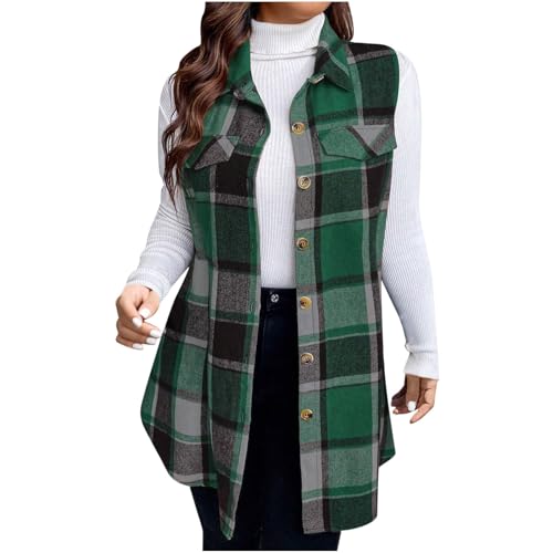 Womens Wool Blend Plaid Shacket Collared Winter Sleeveless Blazer Jackets Flannel Vest Long Button Down Cardigans