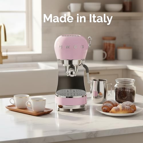 Image of Smeg Manual Espresso Machine with Steam Wand, 15 Bars of Pressure, Stainless Steel Porta Filter, Passive Cup Warmer, User Friendly Controls, and Measuring Scoop Tamper Made in Italy (Pink)