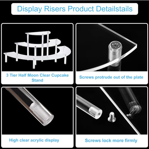 HENABLE 2PACKS Acrylic Display Risers, 3 Tier Clear Cupcake Stand Risers, Perfume Stand Organizer, Half Moon Dessert Stand, Shelf Risers for Display Stands for Food, Amiibo Funko POP Figure - Image 6