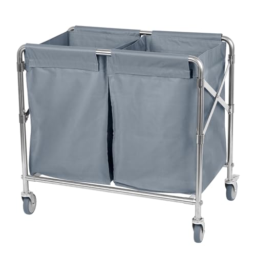 Nisorpa 2 Section Divided Laundry Trolley Foldable Laundry Basket 300L Commercial Laundry Sorter on Wheels Heavy Duty Laundry Hamper Collapsible Laundry Cart Large Folding Laundry Trolley