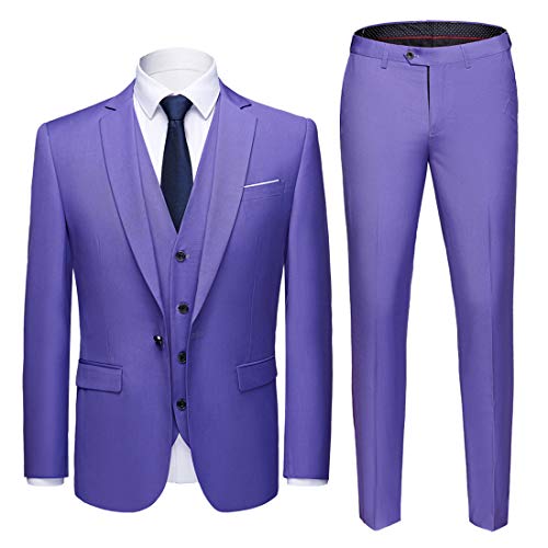 My's Men's Blazer Vest Pants Set, Solid Party Wedding Dress, One Button Jacket Waistcoat And Trousers, 3 Piece Slim Fit Suit With Tie Purple #TOP17