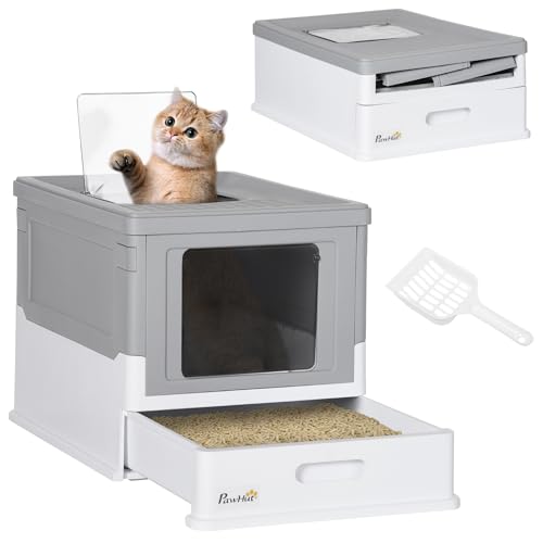 PawHut Lettiera per Gatti Chiusa in PP con Paletta Inclusa, Design Pieghevole, Cassetta Igienica per Gatto con Vassoio Estraibile e 2 Porte, 47.5x35.5x36.7 cm, Grigio e Bianco