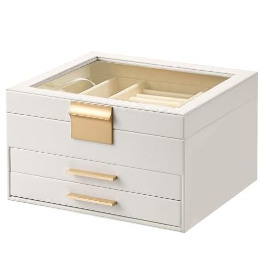 MILONT Jewelry Box For Women,3 Layers Jewelry Organizer With Clear Lid,2 Drawers,Large Velvet Necklace,Earring,Ring,Bracelets Jewelry Storage Box Git for Mother’s Day,Birthday (White)