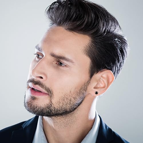 FIBO STEEL 3 Pairs Stainless Steel Black Stud Earrings for Men Women Hypoallergenic Mens Earrings Stud Set, Black Silver Square Round Diamond CZ Studs Earring Pierced 3mm-8mm3