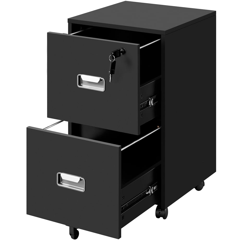 Yaheetech Cajonera Escritorio con Ruedas Cajonera de Oficina 2 Cajones Cerradura Archivador Extraíble Móvil de Oficina para Carpetas/A4 40 x 40 x 65 cm Negro