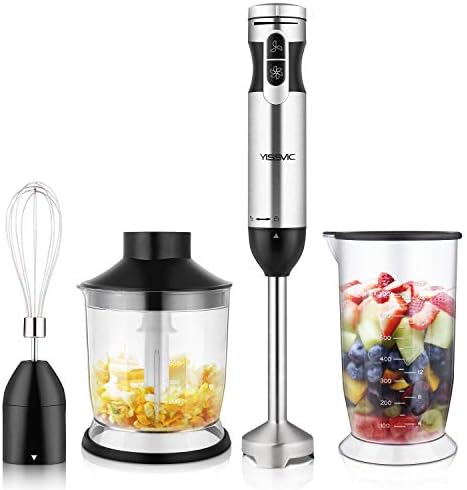 YISSVIC Immersion Hand Blender, 4 in 1 9 Speed Stick Blender with 500ml Food Grinder 700ml Container Chopper Whisk Puree Infant Food, Smoothies, Sauces Soups (1000W 4 In 1 Silver)