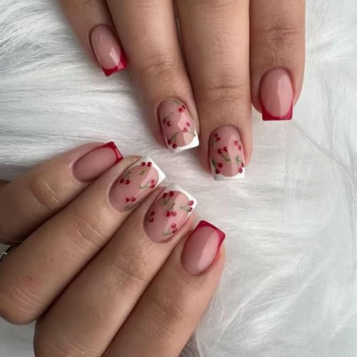Cherry Press on Nails Short Square Fake Nails Nude Glossy False Nails with Design White Red French Tip Glue on Nail Artificial Acrylic Full Cover Stick on Nail for Women Manicure'