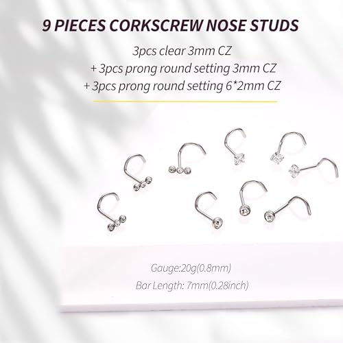 UBGICIG 20G Nose Rings for Women – 316 Surgical Steel L Shaped Nose Studs Cork Screw Nostril Piercing Jewelry 1.5/2/3mm CZ2