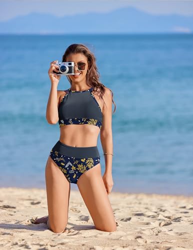 AI'MAGE Women's High Waisted Bikini Ribbed Tummy Control Swimsuit High Neck Color Block Two Pieces Bathing Suits 20254