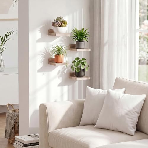 Image of Fixwal Small Floating Shelves for Wall (Light Carbonized, Set of 4, 5Inch) | Rustic wood shelf for displaying mini frames, plants, collectibles. Fits bedroom, living room, bathroom, kitchen, or office.