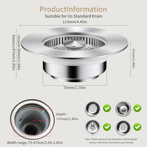 2025 Upgraded Universal 3 in 1 Kitchen Sink Drain Strainer, 304 Stainless Steel Pop Up Kitchen Sink Stopper with Basket Strainer, Kitchen Sink Strainer Fits US Standard 3-1/2 Inch Drain Hole