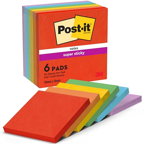 Post-it Notes Autocollantes Super Sticky, Couleurs Playful, Pack de 6 Blocs, 90 Feuilles par Bloc, 76 mm x 76 mm - Feuillets Super Adhésifs pour Prise de...