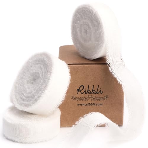 Ribbli 3 Rolls White Ribbon 5/8 Inch x 18Yards Handmade Cotton Frayed Fringe Ribbons for Gift Wrapping Wedding Invites Bridal Bouquets Baby Shower DIY Crafts Home Decor