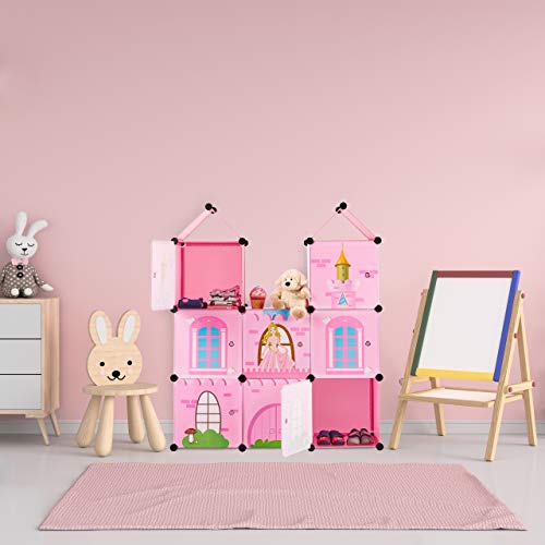 Relaxdays Steckregal Kinderzimmer, Prinzessinnenschloss, Kunststoff, DIY Schrank mit Türen, HBT: 128 x 110 x 37 cm, rosa