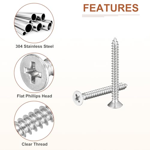 Image of DTGN 100Pcs #6x1-3 /8 inch Flat Head Wood Screws, 304 Stainless Steel Phillips Self Tapping Screws - Good for Woodworking, Furniture - Silver