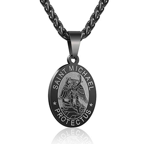 P. BLAKE Oval Saint Christopher/Michael/Joseph/Jude/Virgin Mary/Joseph/Francis/Patrick/Anthony/Benedict/Thomas Necklace for Men Women, Stainless Steel Catholic Patron Pendant with Chain 24 Inches